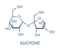 Sucrose sugar molecule. Also known as table sugar, cane sugar or beet sugar. Skeletal formula.