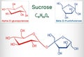 Sucrose sugar molecule. Structural chemical formula and molecule model