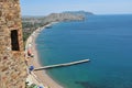 Sudak city and coast seen from Genoese fortress Royalty Free Stock Photo