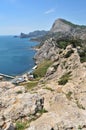 Sudak city and coast seen from Genoese fortress Royalty Free Stock Photo