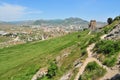 Sudak city and coast seen from Genoese fortress Royalty Free Stock Photo