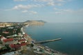 Sudak, Crimea. Genoese fortress. View of the city beaches of Sudak. Aerial view. View from the Genoese fortress on the Royalty Free Stock Photo