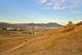 Panorama of Sudak from Genoese fortress in Sudak at sunset