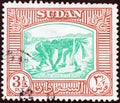 SUDAN - CIRCA 1951: A stamp printed in Sudan shows Nuba wrestlers, circa 1951. Royalty Free Stock Photo