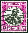 SUDAN - CIRCA 1951: A stamp printed in Sudan shows Shilluk warrior, circa 1951.