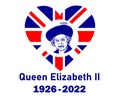 Queen Elizabeth Portrait Face 1926 2022 Blue With British Flag Heart Royalty Free Stock Photo