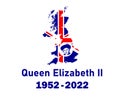 Queen Elizabeth Portrait Face 1952 2022 Blue With British Flag Map Royalty Free Stock Photo