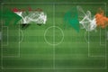 Sudan vs Ireland Soccer Match, national colors, national flags, soccer field, football game, Copy space