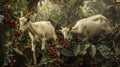 Sudanese Coffee Harvest: Goats Nibbling Coffee Cherries Amidst Verdant Bush