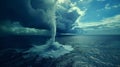 The sudden appearance of a waterspout a twisting column of water and clouds spiraling upwards from the oceans surface Royalty Free Stock Photo