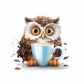 Suddenly awoken owl with coffee cup. Brown sleepy bird and blue cappuccino mug. Hello morning concept Royalty Free Stock Photo