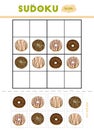 Sudoku for children, education game. Set of cartoon donuts.