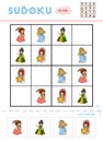Sudoku for children, education game. Set of cartoon Princesses.