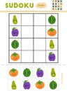 Sudoku for children, education game. Set of fruits with funny faces