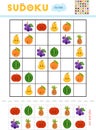 Sudoku for children, education game. Set of fruits with funny faces