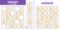 Sudoku with five orang floral letters. Game puzzle for kids. Cut and glue. Doodle