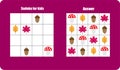 Sudoku game with autumn pictures mushroom, leaf for children, easy level, education game for kids, preschool worksheet activity,
