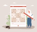 Sudoku game. Elderly woman with giant pencil solves crossword puzzle. Learning and leisure concept. Task for development Royalty Free Stock Photo