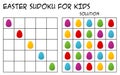 Sudoku for kids with solution, seasonal Easter theme with colorful eggs