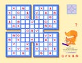 Sudoku for kids with 5 squares. Draw the signs in empty spaces so each line has one of a kind. Page for brain teaser book. Logic