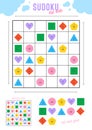 Sudoku for kids with various cute geometric figures with face emotions. Different cartoon basic figures, colorful vector