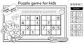 Sudoku puzzle. Logic puzzle for kids. Education game for children. Girl with a drum. Coloring Page. Worksheet vector design for