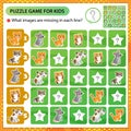 Sudoku puzzle. What images are missing in each line? Animals. Cats, mouse, hamster, dog. Logic puzzle for kids. Education game for