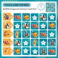 Sudoku puzzle. What images are missing in each line? Aquarium fishes. Clownfish, guppy, angelfish, seahorse. Logic puzzle for