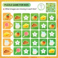 Sudoku puzzle. What images are missing in each line? Food. Logic puzzle for kids. Education game for children. Worksheet vector Royalty Free Stock Photo