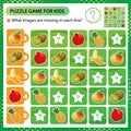 Sudoku puzzle. What images are missing in each line? Fruits. Banana, garnet, apple, pineapple, kiwi. Logic puzzle for kids. Game Royalty Free Stock Photo