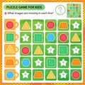 Sudoku puzzle. What images are missing in each line? Geometric shapes. Logic puzzle for kids. Education game for children.