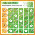 Sudoku puzzle. What images are missing in each line? Tools. Saw, wrench, pliers, hammer, axe, screwdriver. Logic puzzle for kids.