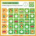 Sudoku puzzle. What images are missing in each line? Toys. Toy car, boat, Teddy bear, ball, pyramid. Logic puzzle for kids. Royalty Free Stock Photo