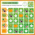 Sudoku puzzle. What images are missing in each line? Vegetables. Cabbage, carrot, beet, radish, pumpkin. Logic puzzle for kids.