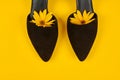 Suede black court shoes with yellow Topinambur flower bud inside toe, yellow background, womanhood