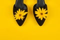 Suede black court shoes with yellow Topinambur flower bud on yellow background, womanhood concept