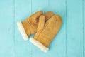 Suede leather mittens on blue wooden boards Royalty Free Stock Photo