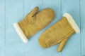 Suede mittens on blue wooden boards Royalty Free Stock Photo