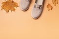 Suede woman's shoes with autumn leaves on orange background with copy space top view, flat lay.