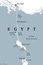 Suez Canal, artificial sea-level waterway in Egypt, gray political map