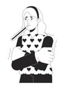 Suffering feverish caucasian woman with thermometer black and white 2D line cartoon character