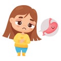 Suffering girl on abdominal pain. Child is holding belly. Pain in stomach. Vector illustration. Sad female character and