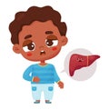 Suffering ill black ethnic boy keeps his hand on his belly. Sad organ character liver. Vector illustration in cartoon