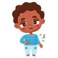 Suffering sick black ethnic boy. Keeps hand on belly. Vector illustration in cartoon style. Sad child character.