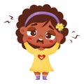 Suffering sick black girl. Ethnic girl holding hands behind her head. Headache, migraine. Vector illustration. Sad