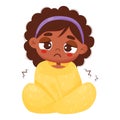 Suffering sick ethnic girl wrapped in blanket shivering. Vector illustration in cartoon style. Sad black child girl