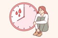 Suffers from painful menstruation sitting near clock with drops blood and needs help of gynecologist
