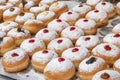 Sufganiot traditional jelly doughnut , bismark covered with powdered sugar eaten during the Hannukah holiday at the Mahane Yehuda