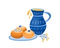 Sufganiyah vector illustration. Jewish jelly donuts and jug of olive oil. Hanukkah traditional treats isolated on white