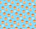 Sufganiyot seamless pattern. Jewish donut seamless texture, traditional dessert on the holiday of Hanukkah background